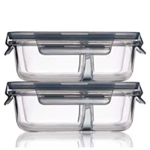 AAVIC MART 2 Partition/Compartment Lunch Box/Container Microwave Highly Heat-Resistant Glass Preservation Box for Kitchen or Outdoor Activities with Airtight Lid and Air Valve 1000ML (Set of 2)