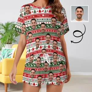 Custom Face Christmas Red&Green Stripe Print Pajama Set Women's Short Sleeve Top and Shorts Loungewear Athletic Tracksuits