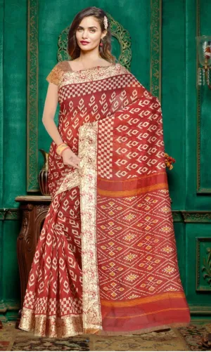 Dark Red Designer Women’s Linen Cotton Satin Printed Saree